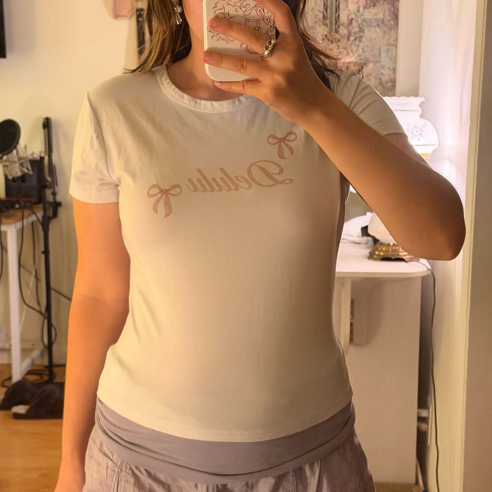 Faded Rose Delulu Bow Graphic Short Sleeve Baby Tee Size Large